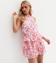 New Look Petite White Floral Ruffle Halter Playsuit